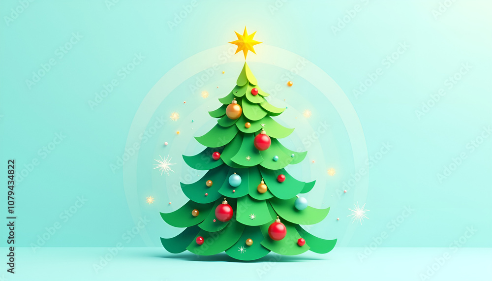 Stylized Christmas tree with bright ornaments and stars on a pastel background for festive celebrations Stylized Christmas tree with bright ornaments and stars on a pastel background for festive celebrations