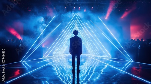A man in a suit stands in front of a stage with a triangular light structure.