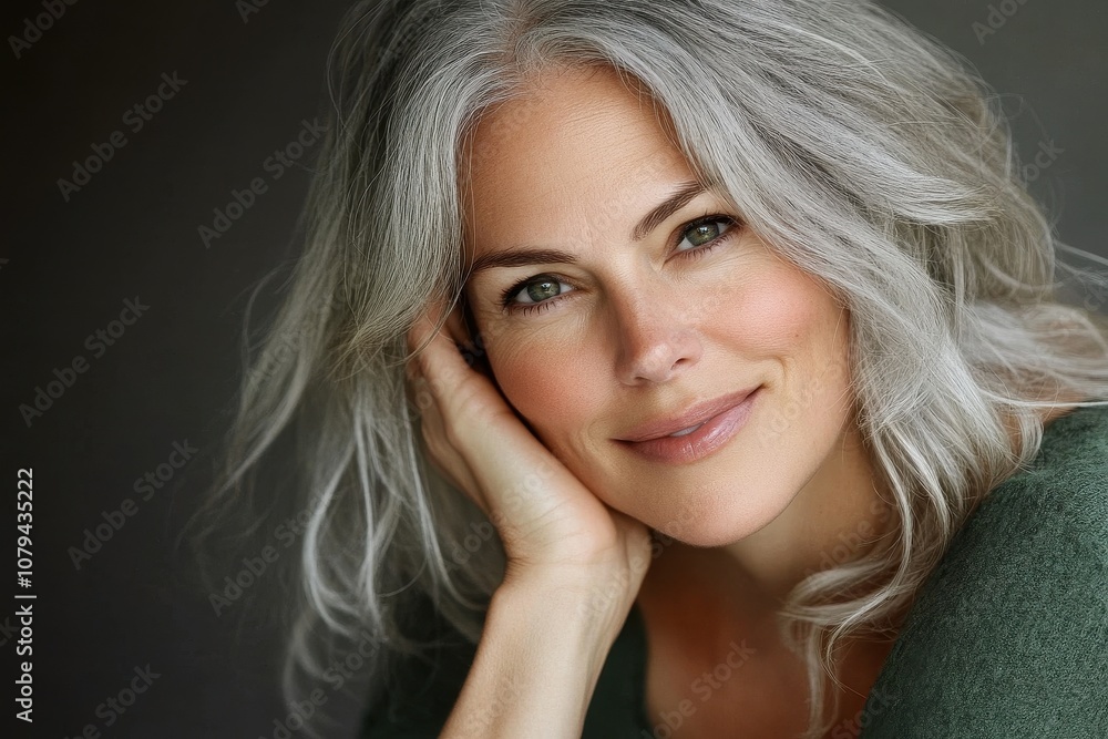 Smiling woman with silver hair. Perfect for beauty, skincare, and aging gracefully concepts. Smiling woman with silver hair. Perfect for beauty, skincare, and aging gracefully concepts.