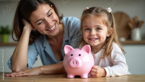 A joyful mother and her daughter smiling while holding a pink piggy bank. The image conveys concepts of saving money and family happiness.