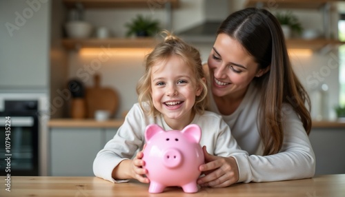 A joyful mother and her daughter smiling while holding a pink piggy bank. The image conveys concepts of saving money and family happiness.