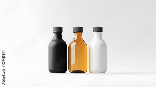 Three minimalist bottles in black, amber, and white arranged on a clean background.