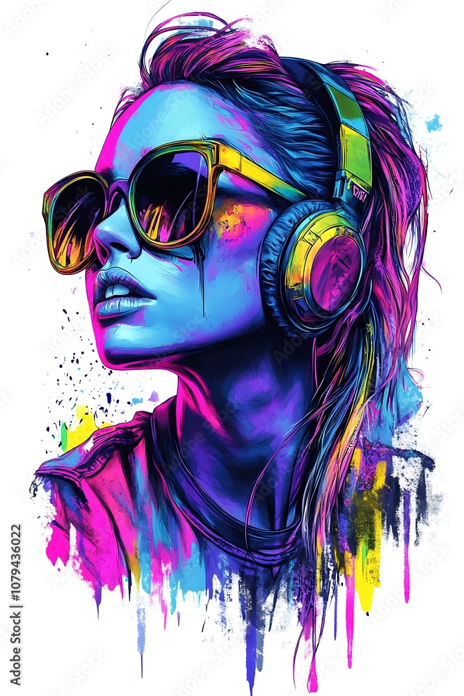 Naklejka premium Colorful Digital Illustration of a Woman with Headphones and Sunglasses