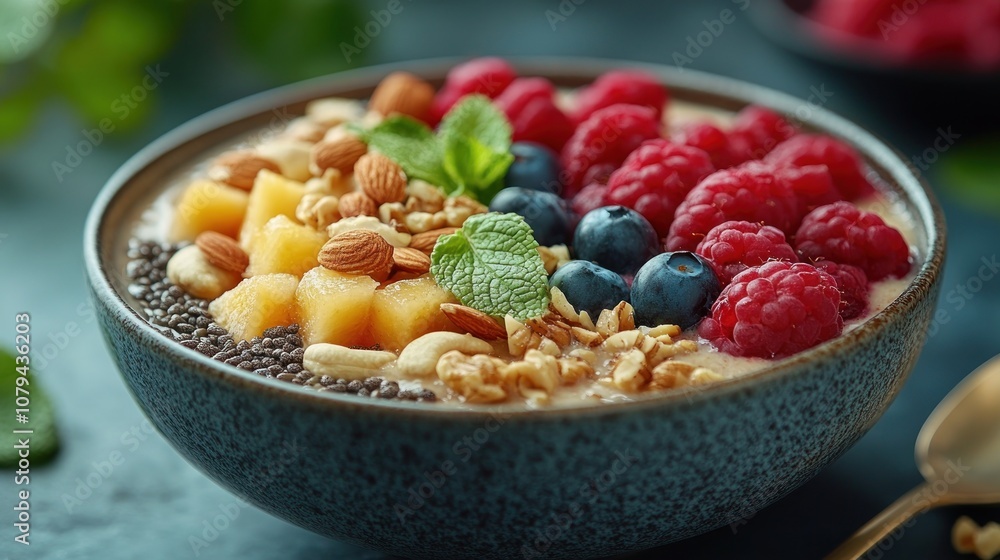 A colorful smoothie bowl topped with fruits, nuts, and seeds. A colorful smoothie bowl topped with fruits, nuts, and seeds.