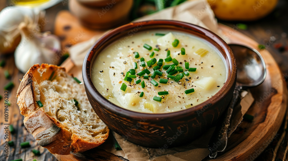 A delicious bowl of potato leek soup blended to perfection, finished with chives and served with a slice of freshly baked crusty bread A delicious bowl of potato leek soup blended to perfection, finished with chives and served with a slice of freshly baked crusty bread