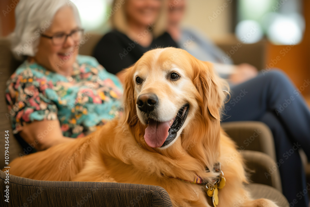 Golden retriever on couch with smiling senior women in cozy, joyful living room atmosphere Golden retriever on couch with smiling senior women in cozy, joyful living room atmosphere