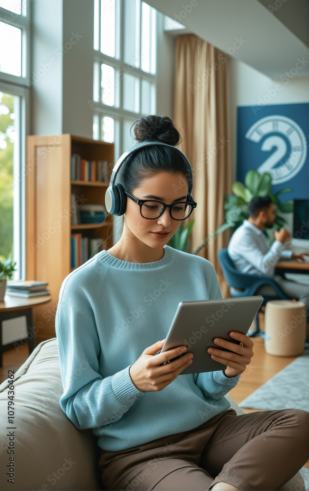 Young woman Wearing Headphones and Light Blue Sweater Sitting on Beige Sofa Holding Tablet in Well-Lit Modern Home Office Young woman Wearing Headphones and Light Blue Sweater Sitting on Beige Sofa Holding Tablet in Well-Lit Modern Home Office