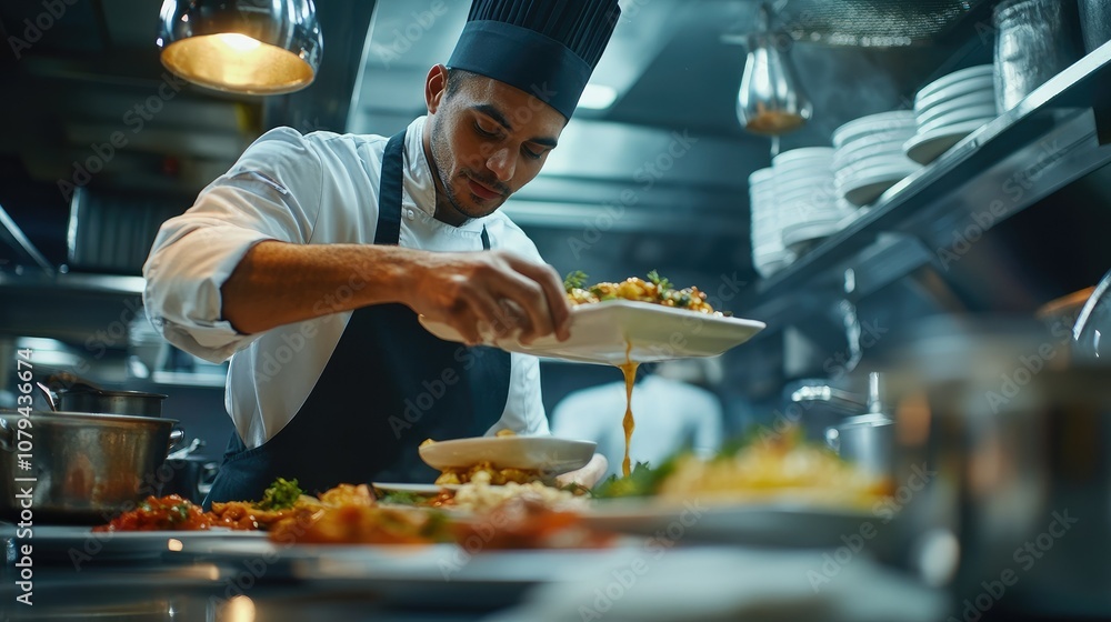 A chef in a professional kitchen prepares a dish of food for a customer. A chef in a professional kitchen prepares a dish of food for a customer.