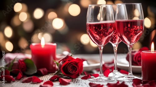 Romantic Dinner Table Setting with Two Wine Glasses, Candles, and Roses, Valentines Day, Date Night