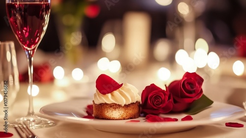 Romantic Dessert with Rose and Wine Glass, Candlelight, Romantic dinner, Valentine's Day, Love, Date night, Luxury