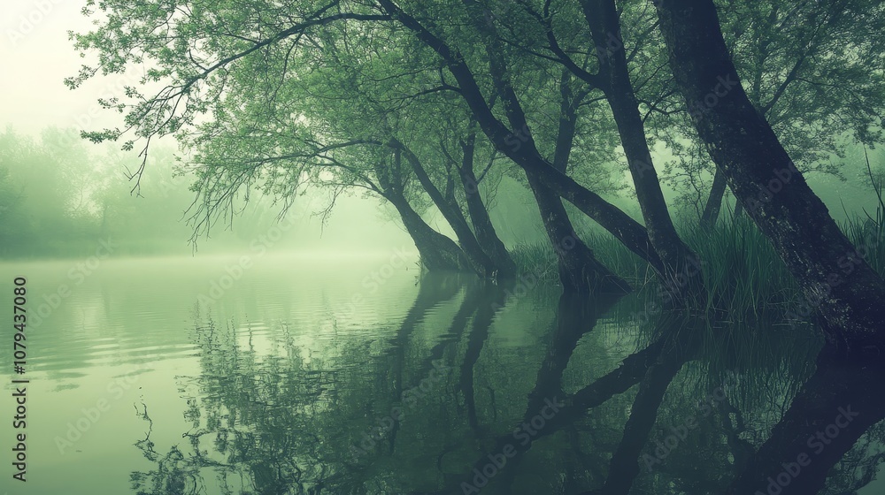 Misty Forest Reflection in Still Water, Nature, Landscape Misty Forest Reflection in Still Water, Nature, Landscape