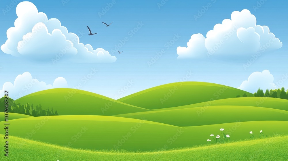 Green Rolling Hills and Blue Sky with Clouds and Birds, nature, landscape Green Rolling Hills and Blue Sky with Clouds and Birds, nature, landscape