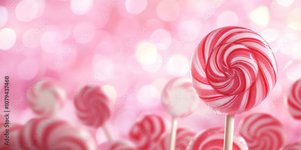 Colorful striped lollipops against a soft pink background. Colorful striped lollipops against a soft pink background.