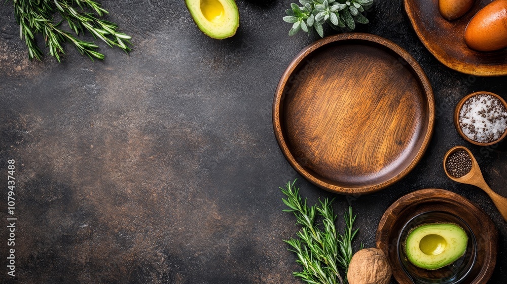 Dark Rustic Background with Wooden Bowls, Avocado, and Herbs, food photography, kitchen , background Dark Rustic Background with Wooden Bowls, Avocado, and Herbs, food photography, kitchen , background