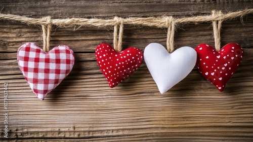 Four Red and White Hearts Hanging on Rope on Wood, Valentine's Day, love ,valentines ,love photo