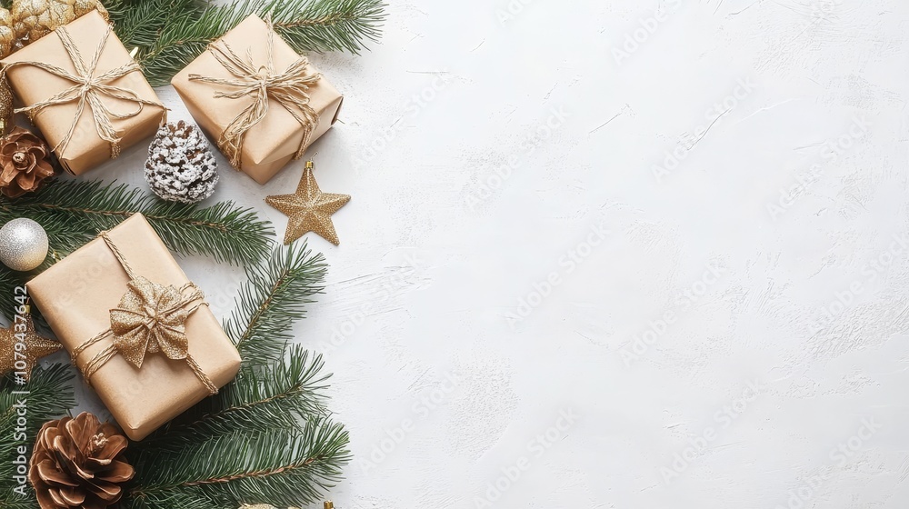 Christmas Presents with Pine Branches and Ornaments, White Background, Holiday Decor, Christmas Gift, Holiday Season Christmas Presents with Pine Branches and Ornaments, White Background, Holiday Decor, Christmas Gift, Holiday Season