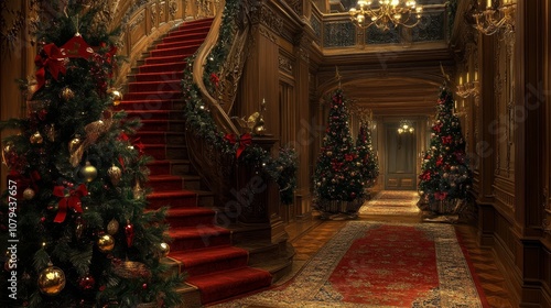 Wallpaper Mural Christmas Tree Decorated With Red Ribbons And Gold Baubles Inside A Grand Mansion With A Red Carpeted Staircase, Christmas , Interior Design Torontodigital.ca