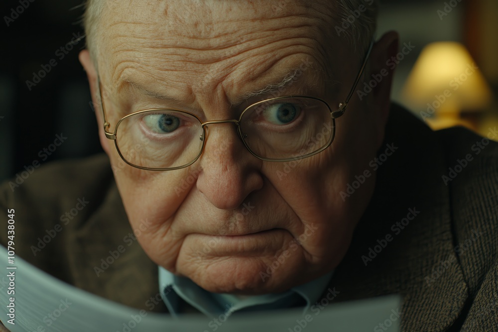 Elderly man reading with intense focus in a cozy interior setting Elderly man reading with intense focus in a cozy interior setting