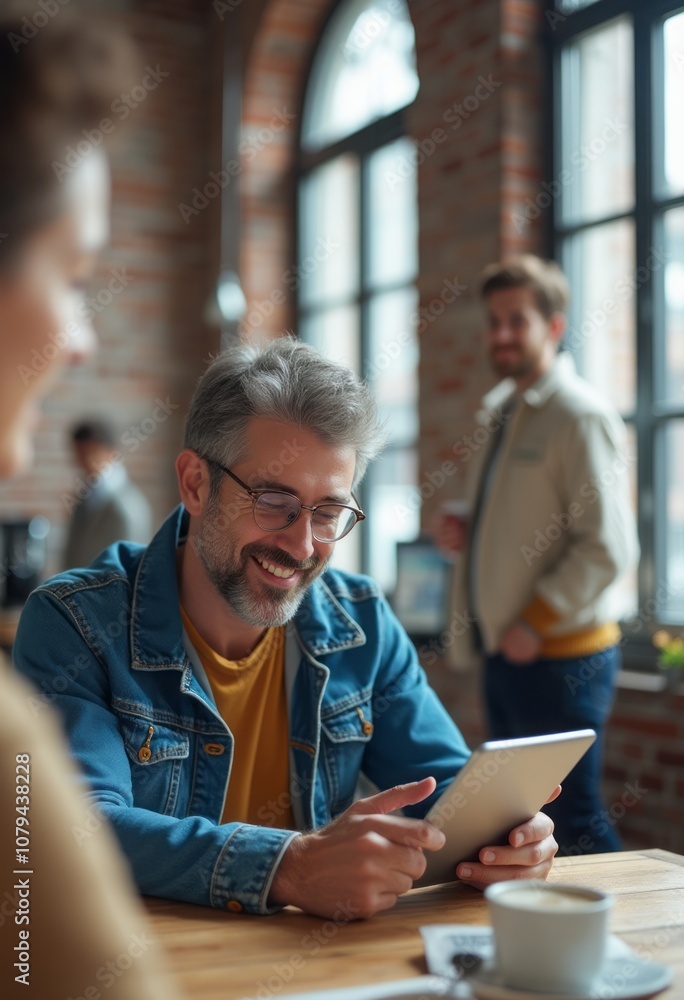 A middle-aged man with gray hair and glasses is smiling as he interacts with a tablet in a cozy café setting. The warm atmosphere is enhanced by the brick walls and large windows, while a blurred A middle-aged man with gray hair and glasses is smiling as he interacts with a tablet in a cozy café setting. The warm atmosphere is enhanced by the brick walls and large windows, while a blurred