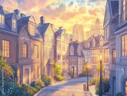 Beautiful fantasy city buildings at evening time background animation in anime or cartoon watercolor painting illustration style. anime illustrations. Illustrations