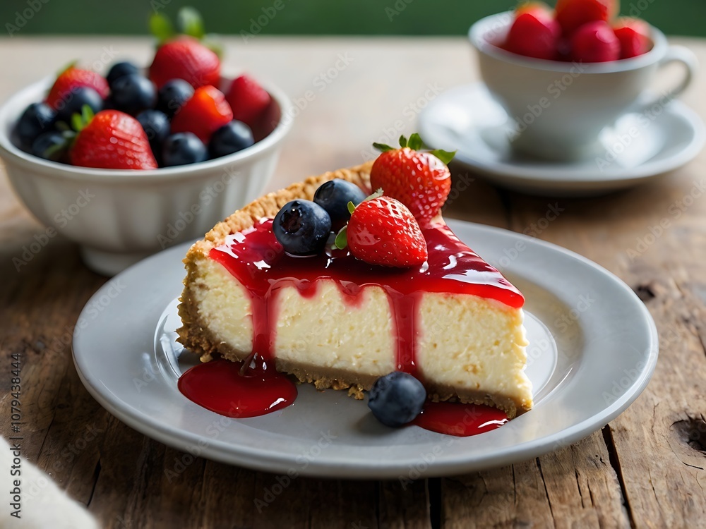A Slice of Cheesecake Topped with Strawberries and Blueberries A Slice of Cheesecake Topped with Strawberries and Blueberries