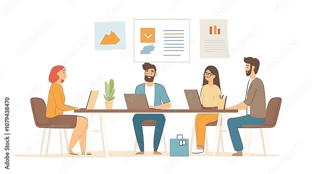 A group of four people collaborating at a table with laptops, discussing ideas in a modern office setting. A group of four people collaborating at a table with laptops, discussing ideas in a modern office setting.