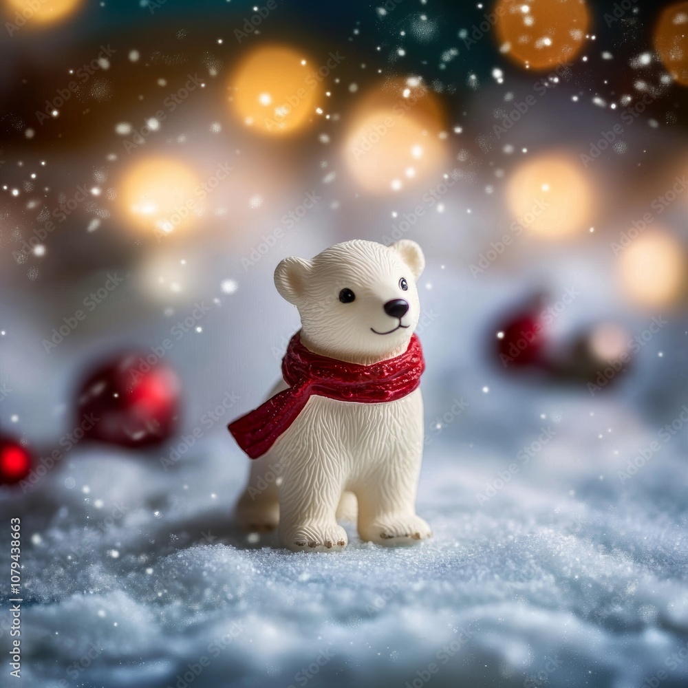 A small white polar bear wearing a bright red scarf, set against a snowy backdrop, exuding a cozy winter charm. A small white polar bear wearing a bright red scarf, set against a snowy backdrop, exuding a cozy winter charm.