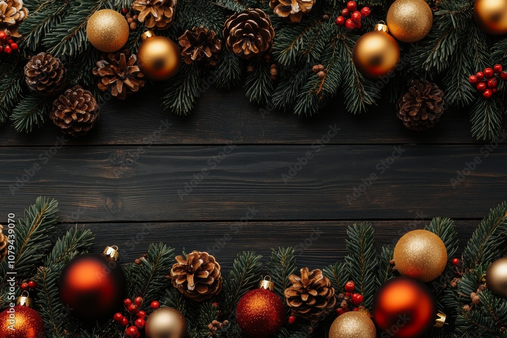 Festive Christmas decorations on a rustic wooden table with pine cones, red berries and warm holiday charm. Festive Christmas decorations on a rustic wooden table with pine cones, red berries and warm holiday charm.