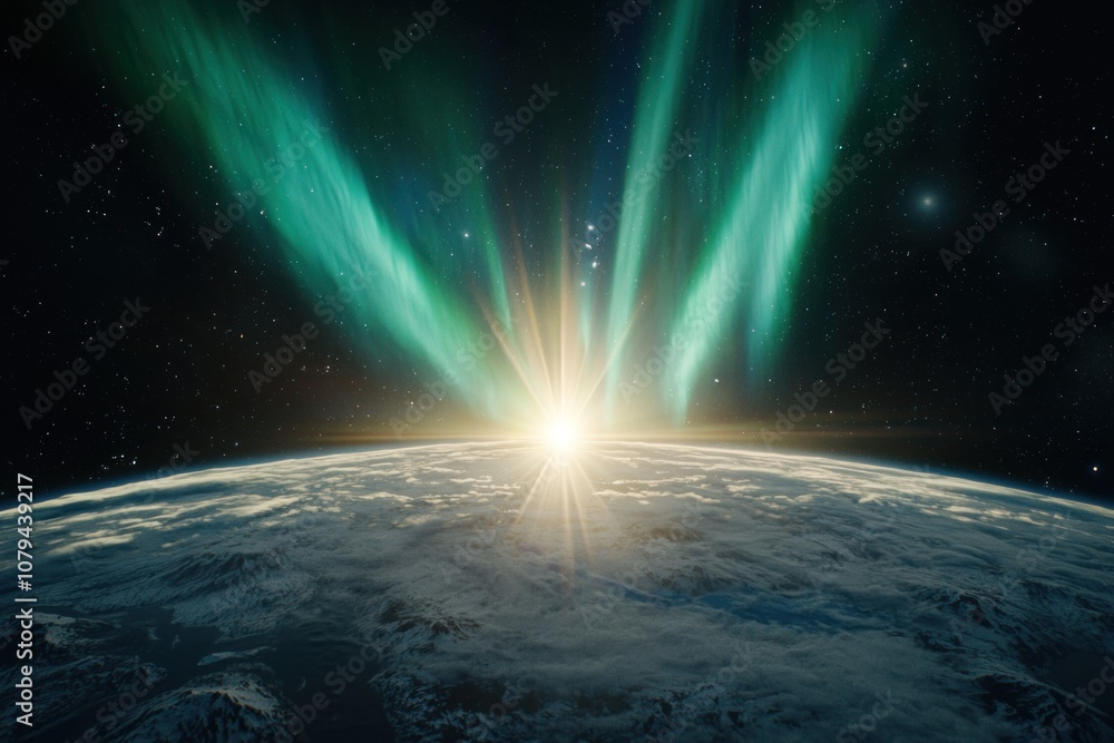 Fototapeta premium Sunrise over earth with northern lights space digital art cosmic environment aerial view awe-inspiring moment