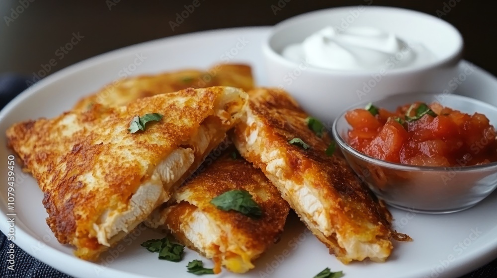 Crispy chicken quesadilla, cut into triangles, served with salsa and sour cream Crispy chicken quesadilla, cut into triangles, served with salsa and sour cream