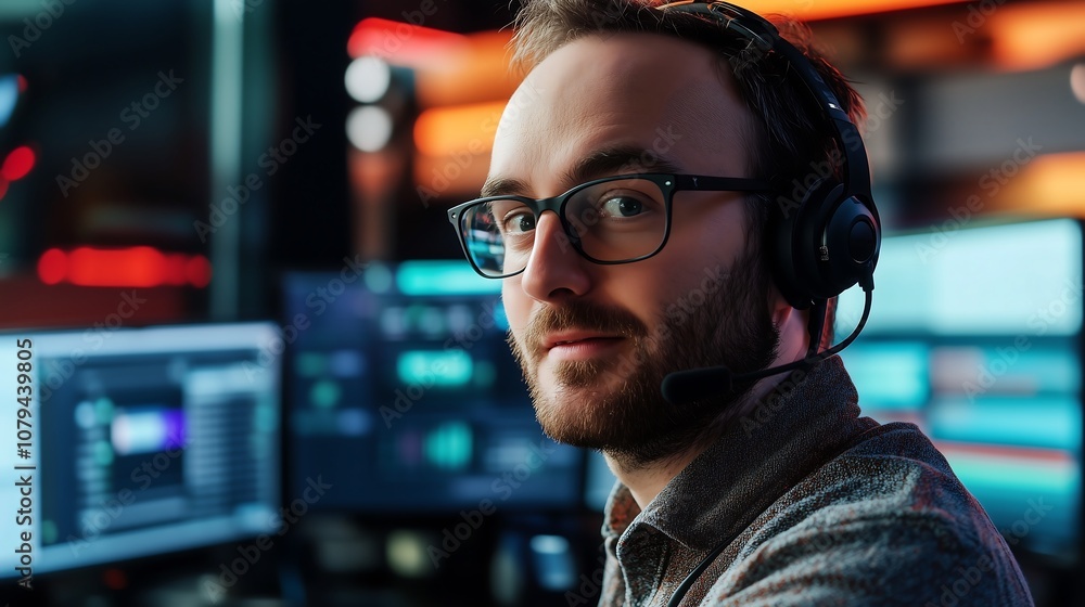 Fototapeta premium Focused young Caucasian man in headset working in a modern tech control room.