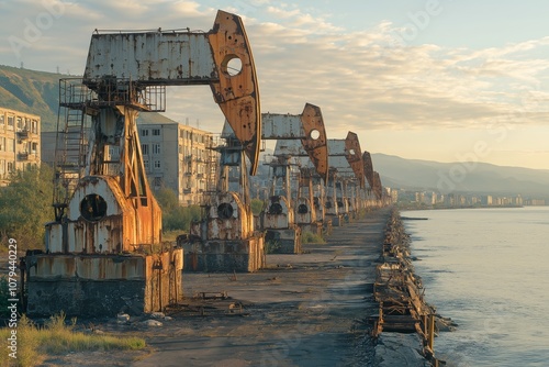 Abandoned oil pumps line the coastline near rundown buildings at sunset photo