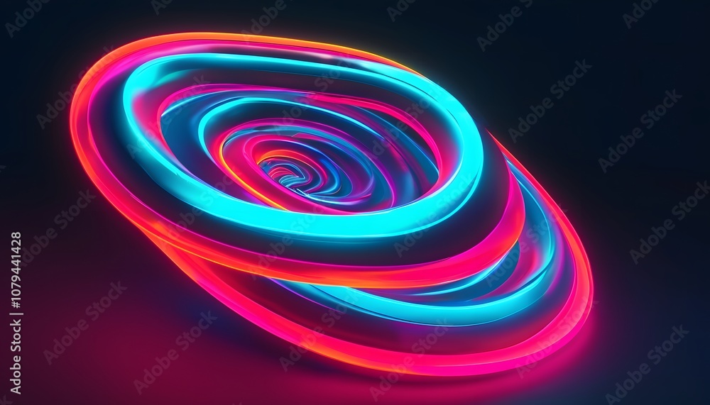 Abstract 3D shapes in neon colors arranged in a spiral against a dark background Abstract 3D shapes in neon colors arranged in a spiral against a dark background