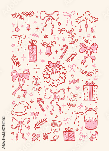 Set of coquette hand drawn Christmas doodles. Vintage ink drawings sketch style. Christmas tree branches, gift, bows, stars, winter holiday pattern, stocking, Christmas tree toys, snowflakes.