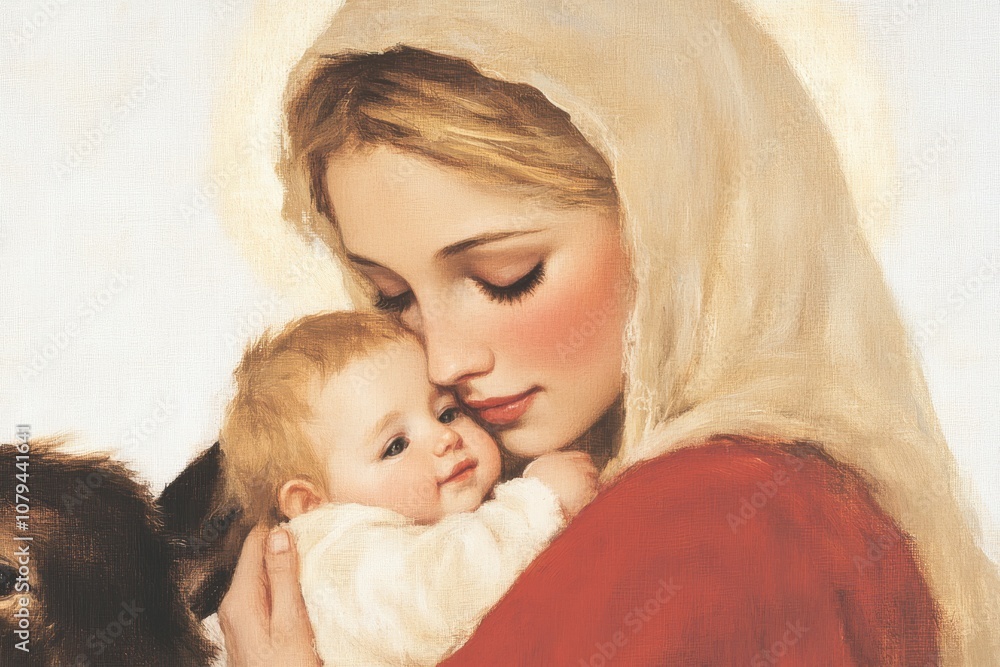 A depiction of the Nativity scene, featuring Mary holding the infant Jesus in the stable, surrounded by gentle animals and with a soft halo, symbolizing the tenderness and holiness of the occasion. A depiction of the Nativity scene, featuring Mary holding the infant Jesus in the stable, surrounded by gentle animals and with a soft halo, symbolizing the tenderness and holiness of the occasion.