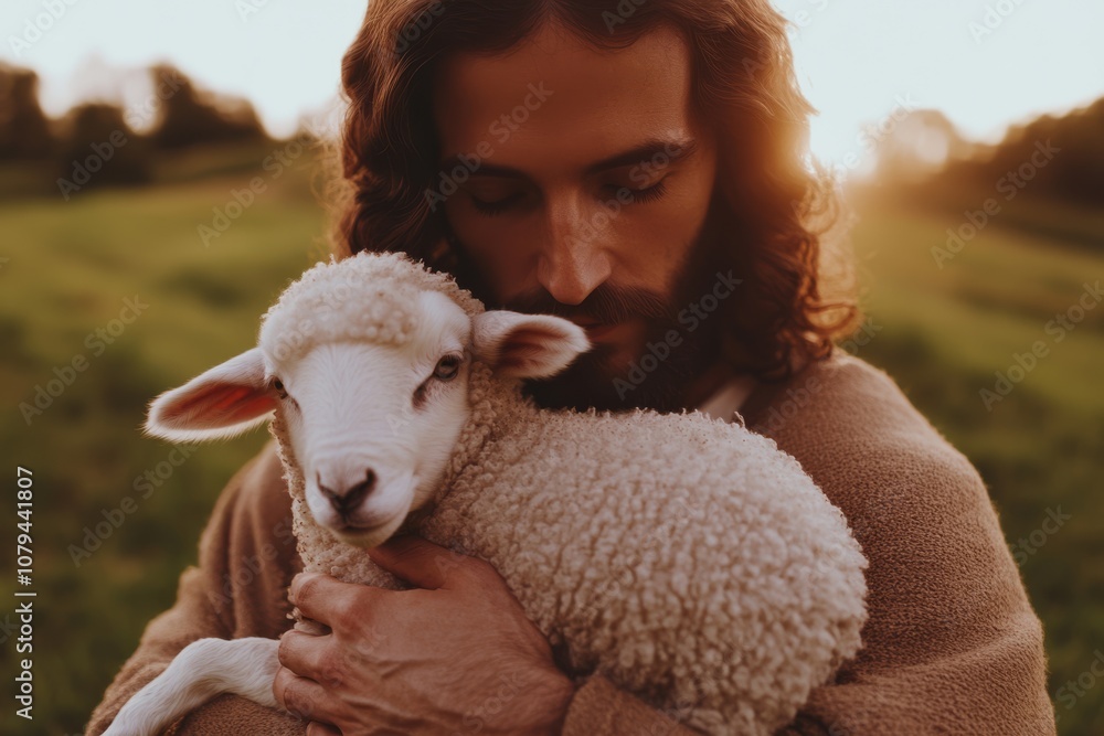 Jesus the Good Shepherd holding a lamb, in a lush green meadow with warm light. Jesus the Good Shepherd holding a lamb, in a lush green meadow with warm light.