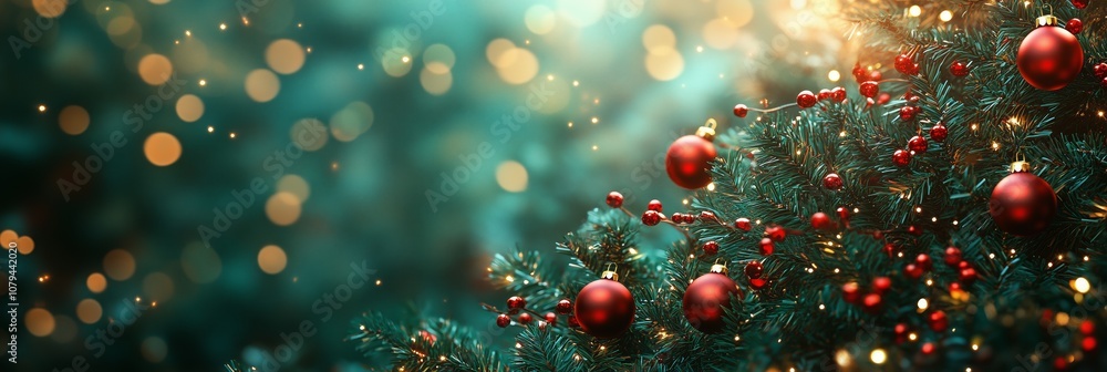 Christmas tree with red baubles and green ornaments on a blurred background, banner design, banner for social media post, bokeh, copy space, green background. Christmas tree with red baubles and green ornaments on a blurred background, banner design, banner for social media post, bokeh, copy space, green background.
