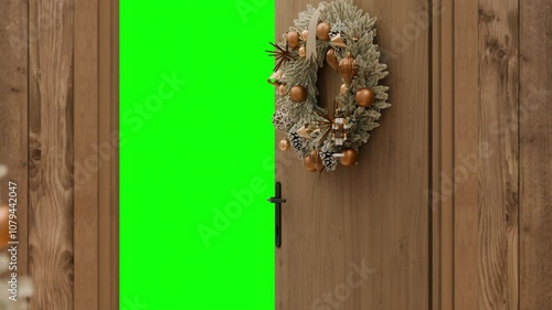 wooden door opening animation, christmas tree and wreath decoration, green screen chroma key	
