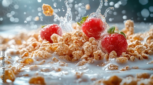 Fresh strawberries splash into a bowl of cereal and milk. photo