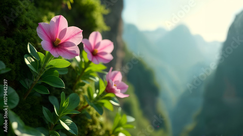 An Enchanting View of Dazzling Greenovia Aurea Flowers Hanging from a Mossy Wall Captured Under Morning Sunshine photo