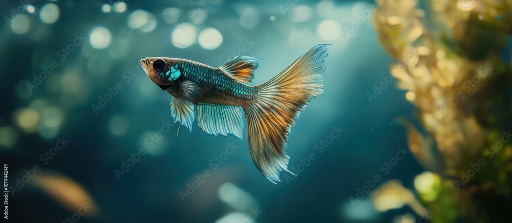 Fototapeta premium Close-up of a guppy fish in a serene underwater scene, subtle blue and green hues in the water, detailed and realistic textures