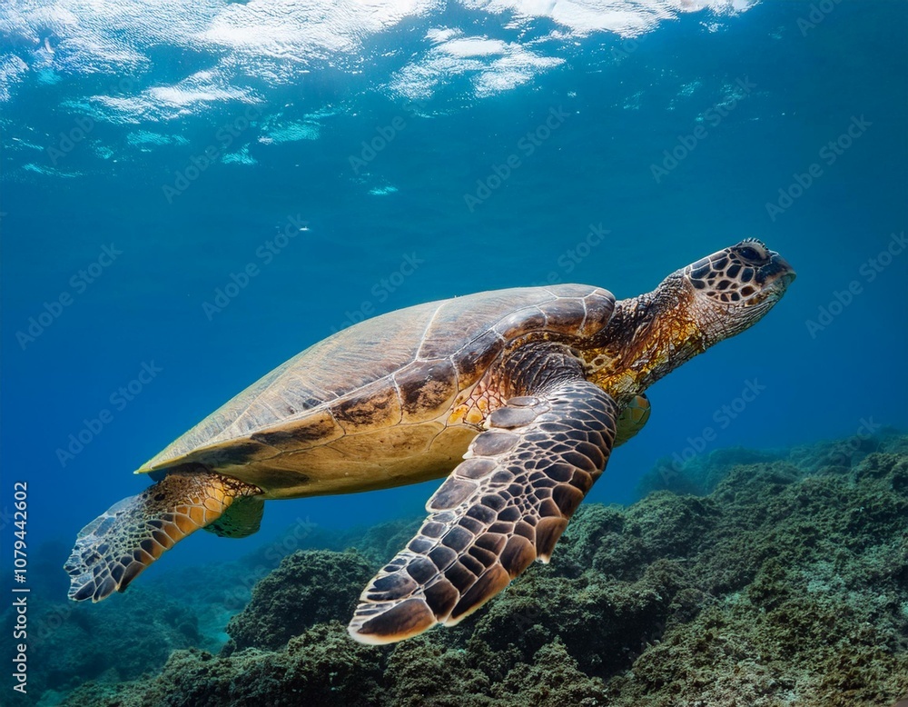 Obraz premium An endangered Sea Turtle cruises in the warm waters of the Ocean.