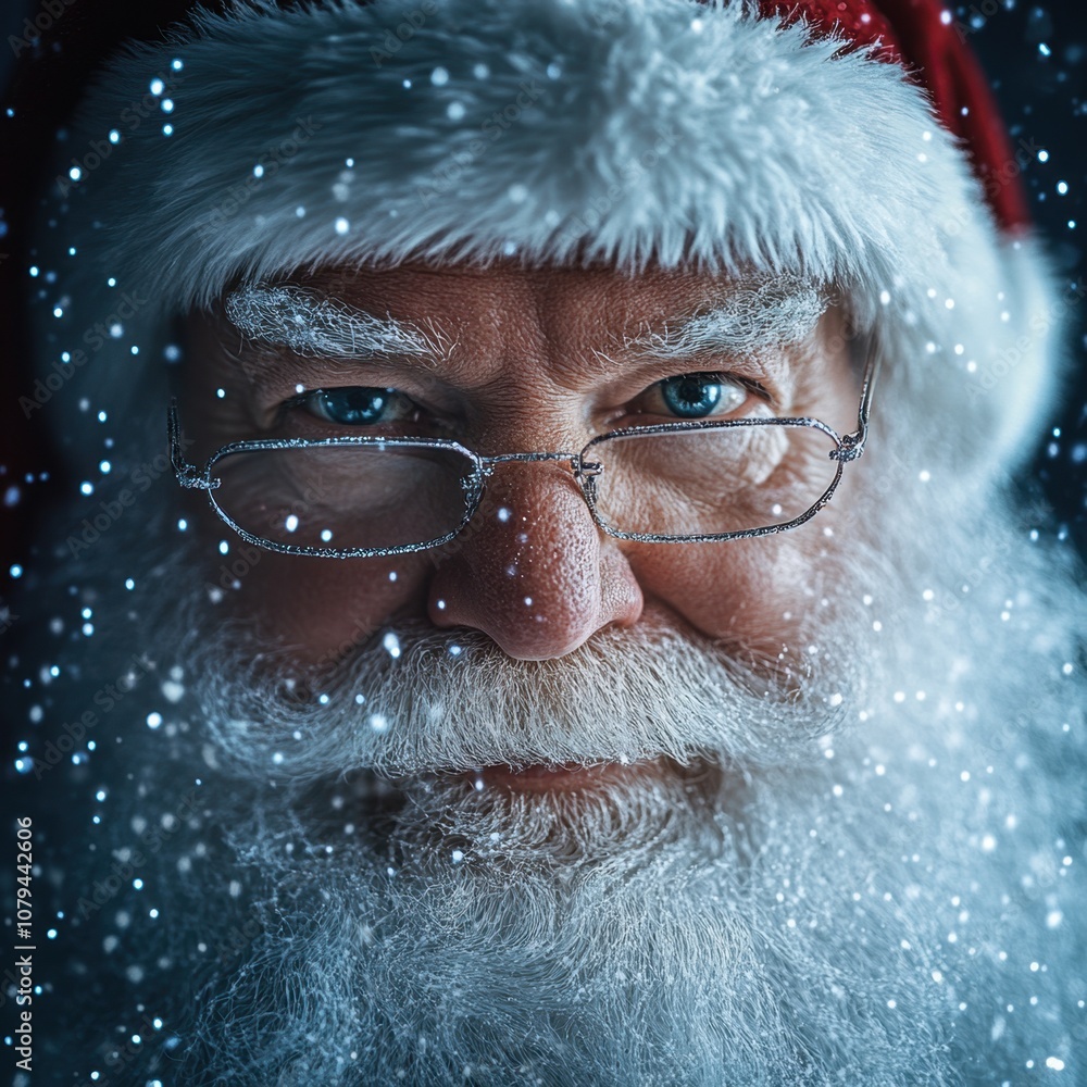 Glasses wearing Santa amid snowflakes Glasses wearing Santa amid snowflakes