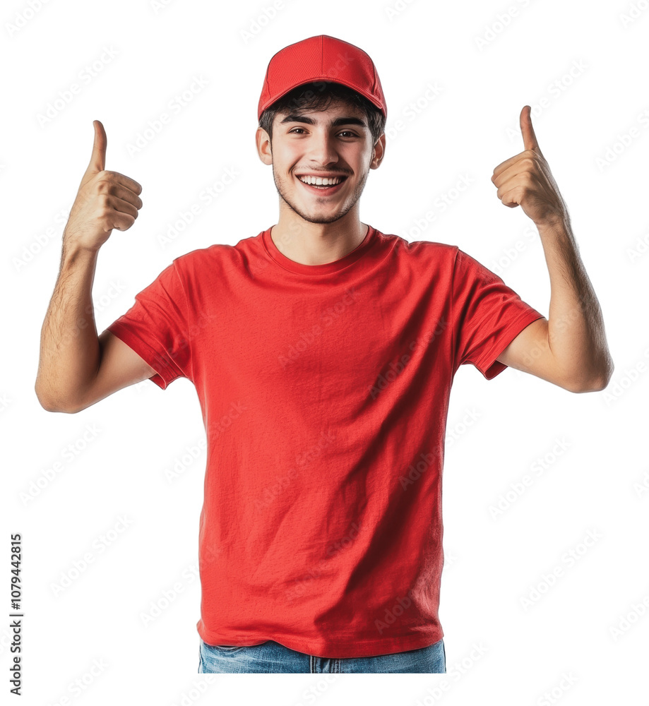 PNG Young man in red shirt and cap gives thumbs up PNG Young man in red shirt and cap gives thumbs up