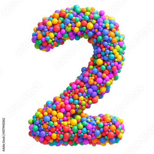 Number 2 made of bright multi-colored glossy balls. Digit two. Ideal for kid's zone, playroom decor, children’s design, festive themes. Rainbow mixed random spheres formed creative font. 3d rendering