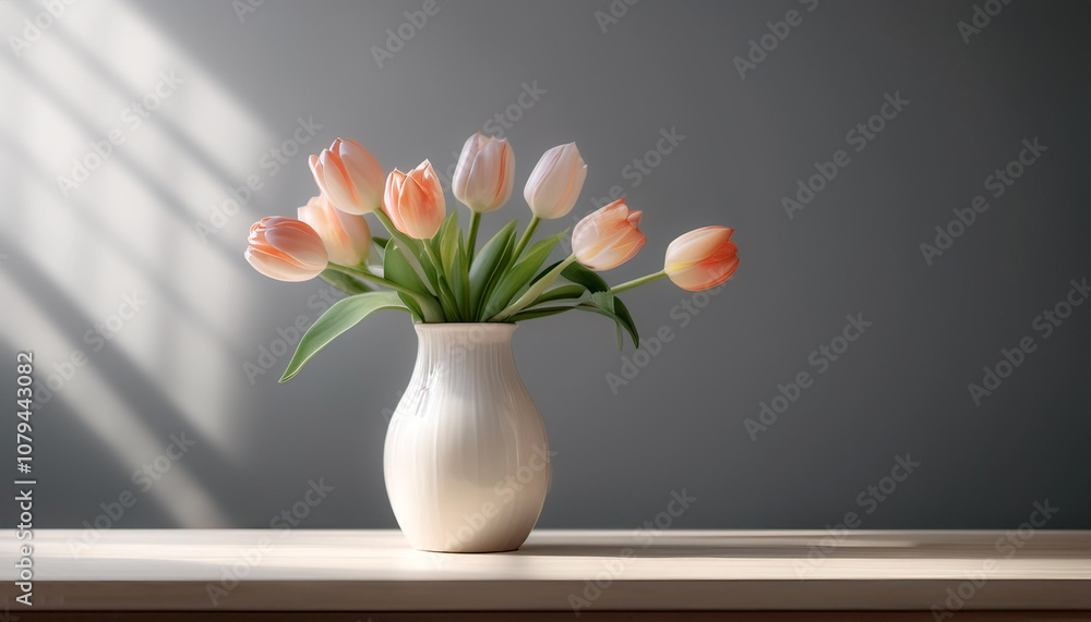 Fresh tulip flowers in a simple vase on a table with a minimalist background Fresh tulip flowers in a simple vase on a table with a minimalist background