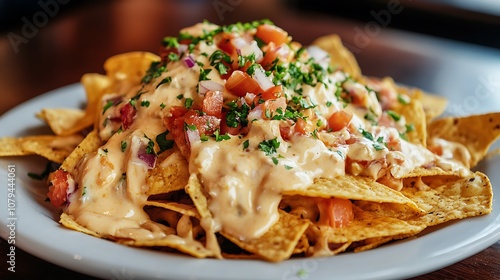 A delicious plate of nachos topped with creamy cheese, fresh tomatoes, and herbs.