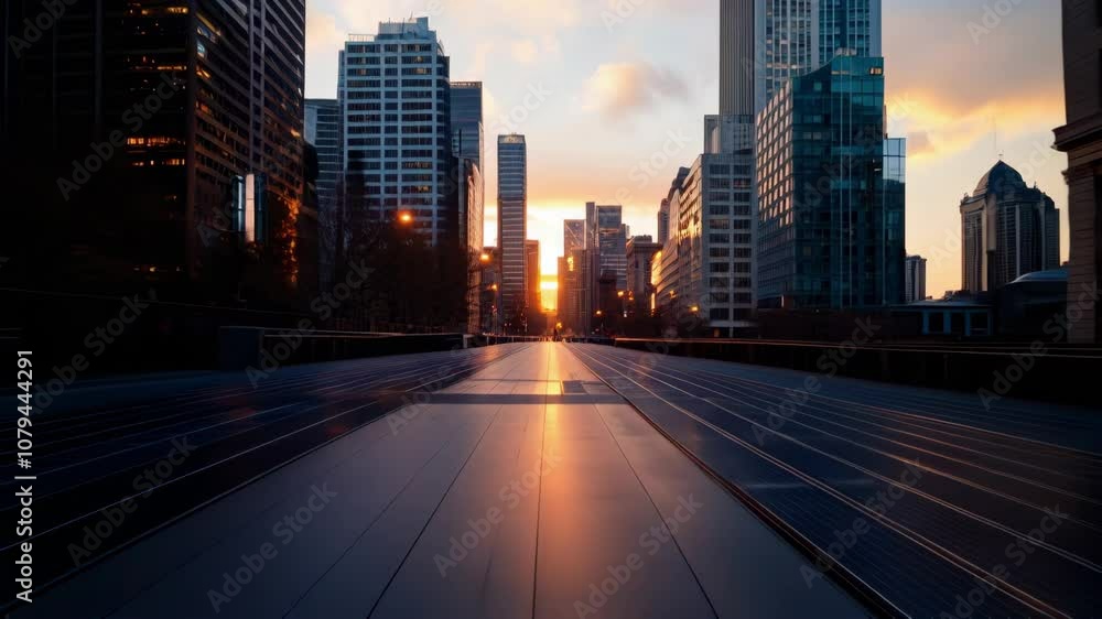 Driving on a road with solar panels, between high-rise buildings towards sunrise