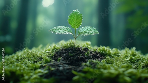A small green sprout emerges from the ground, surrounded by moss, with a blurred forest background.