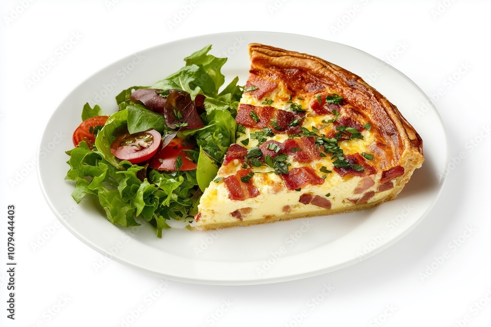 Quiche Lorraine with Salad. Slice of Quiche Lorraine with bacon, cheese, and herbs, served with fresh lettuce and tomato on a white plate. Quiche Lorraine with Salad. Slice of Quiche Lorraine with bacon, cheese, and herbs, served with fresh lettuce and tomato on a white plate.